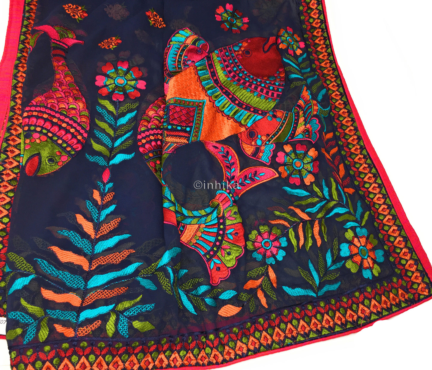Designer Dupatta from India, Multicolour Fish Embroidery
