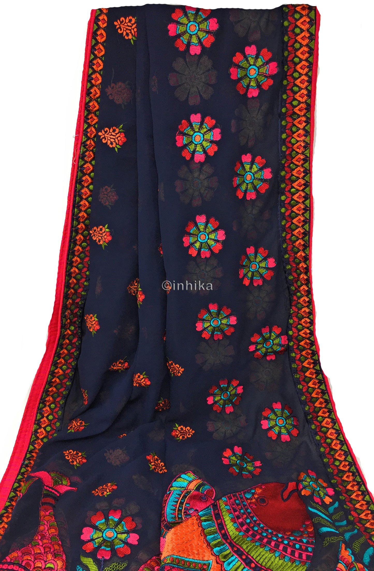 Designer Dupatta from India, Multicolour Fish Embroidery