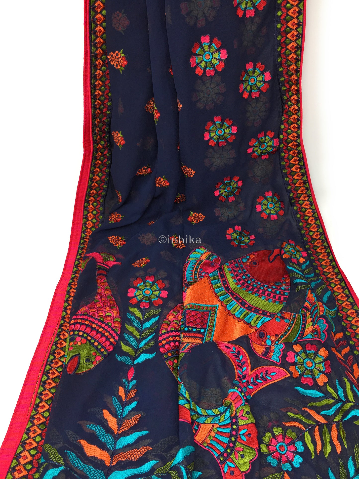 Designer Dupatta from India, Multicolour Fish Embroidery