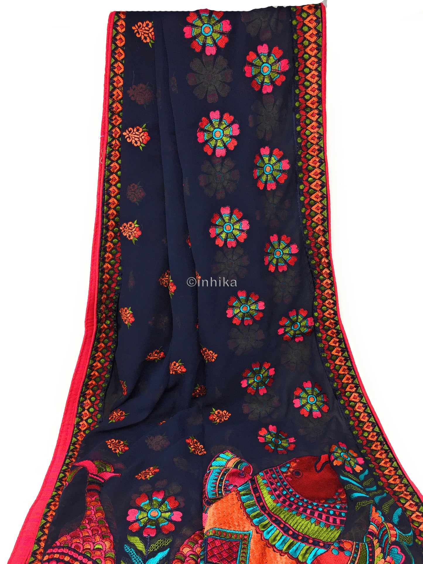 Designer Dupatta from India, Multicolour Fish Embroidery