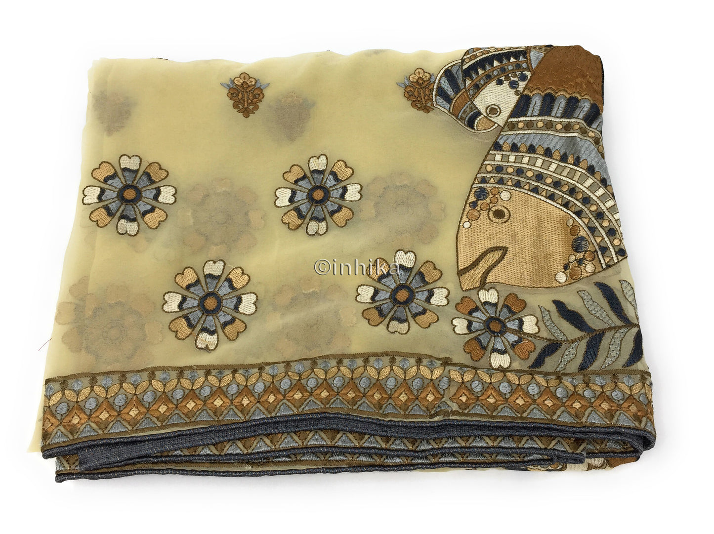 Designer Dupatta from India, Multicolour Fish Embroidery