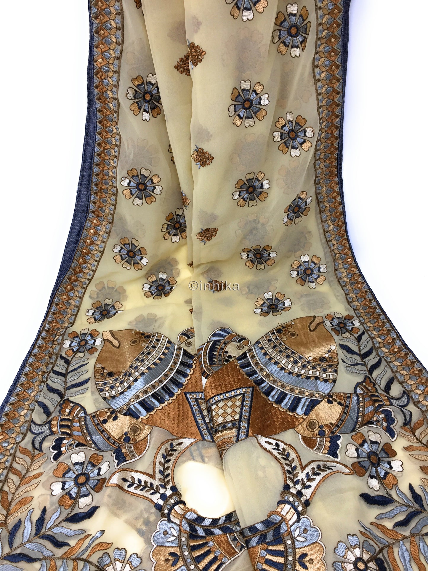 Designer Dupatta from India, Multicolour Fish Embroidery