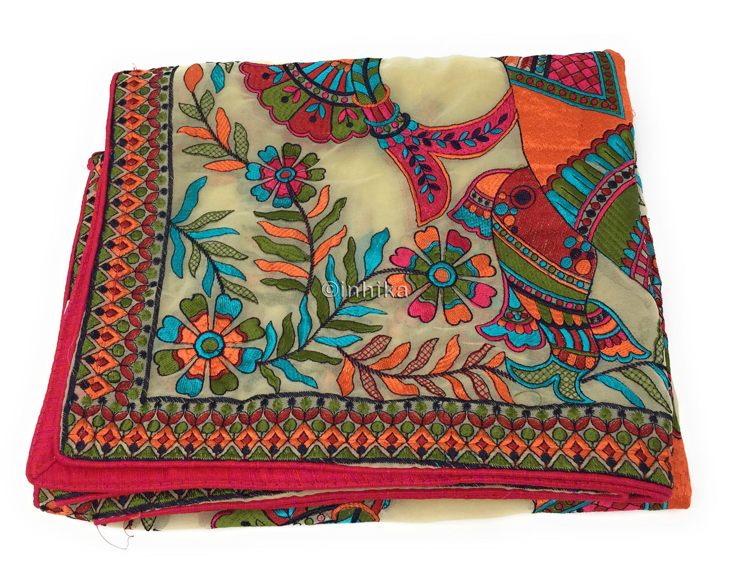 Designer Dupatta from India, Multicolour Fish Embroidery
