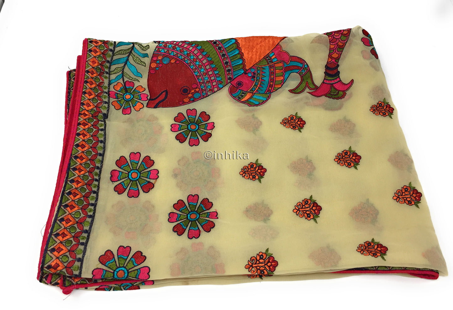 Designer Dupatta from India, Multicolour Fish Embroidery