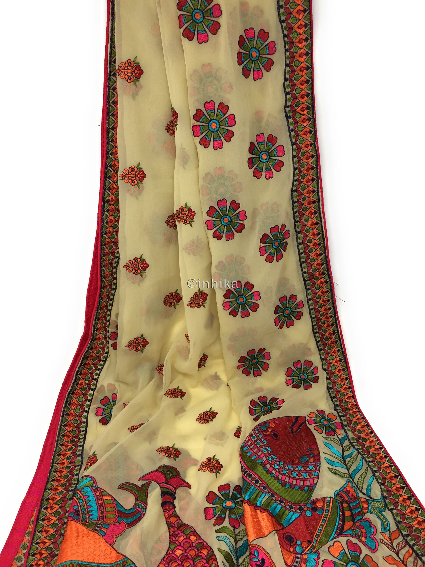 Designer Dupatta from India, Multicolour Fish Embroidery