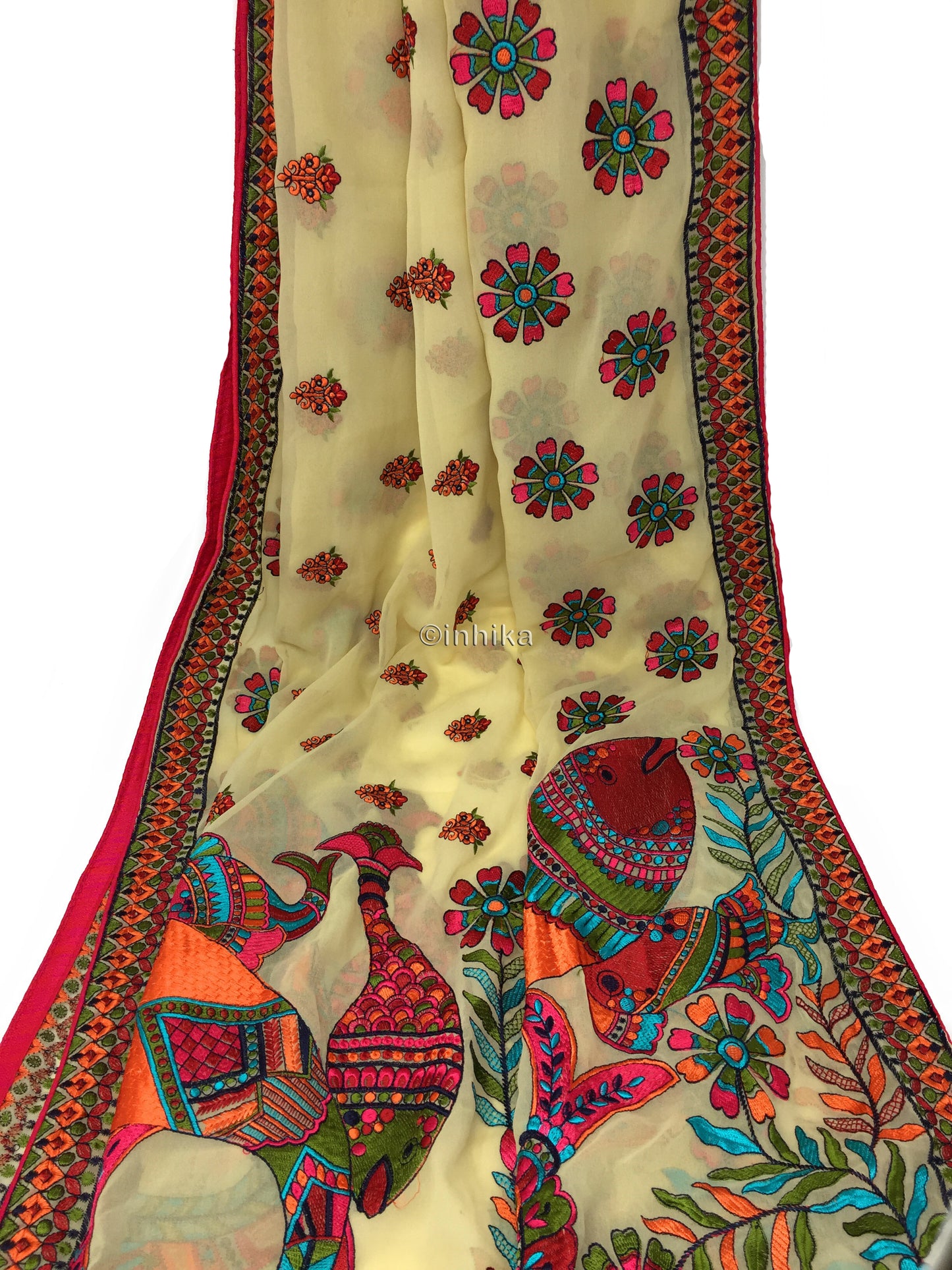 Designer Dupatta from India, Multicolour Fish Embroidery