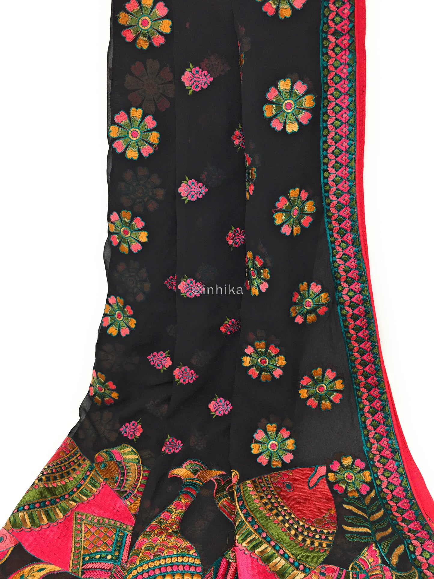 Designer Dupatta from India, Multicolour Fish Embroidery