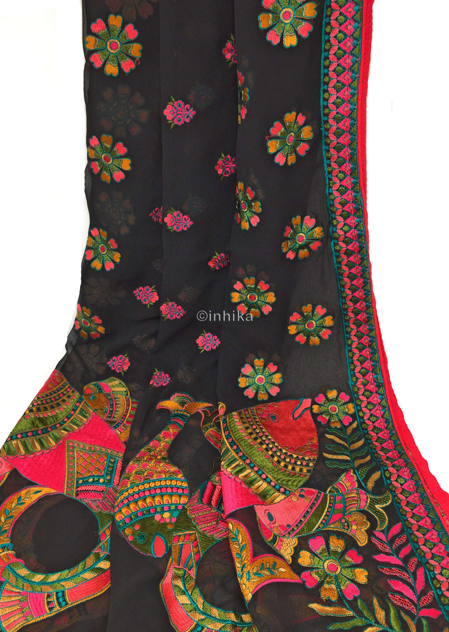 Designer Dupatta from India, Multicolour Fish Embroidery
