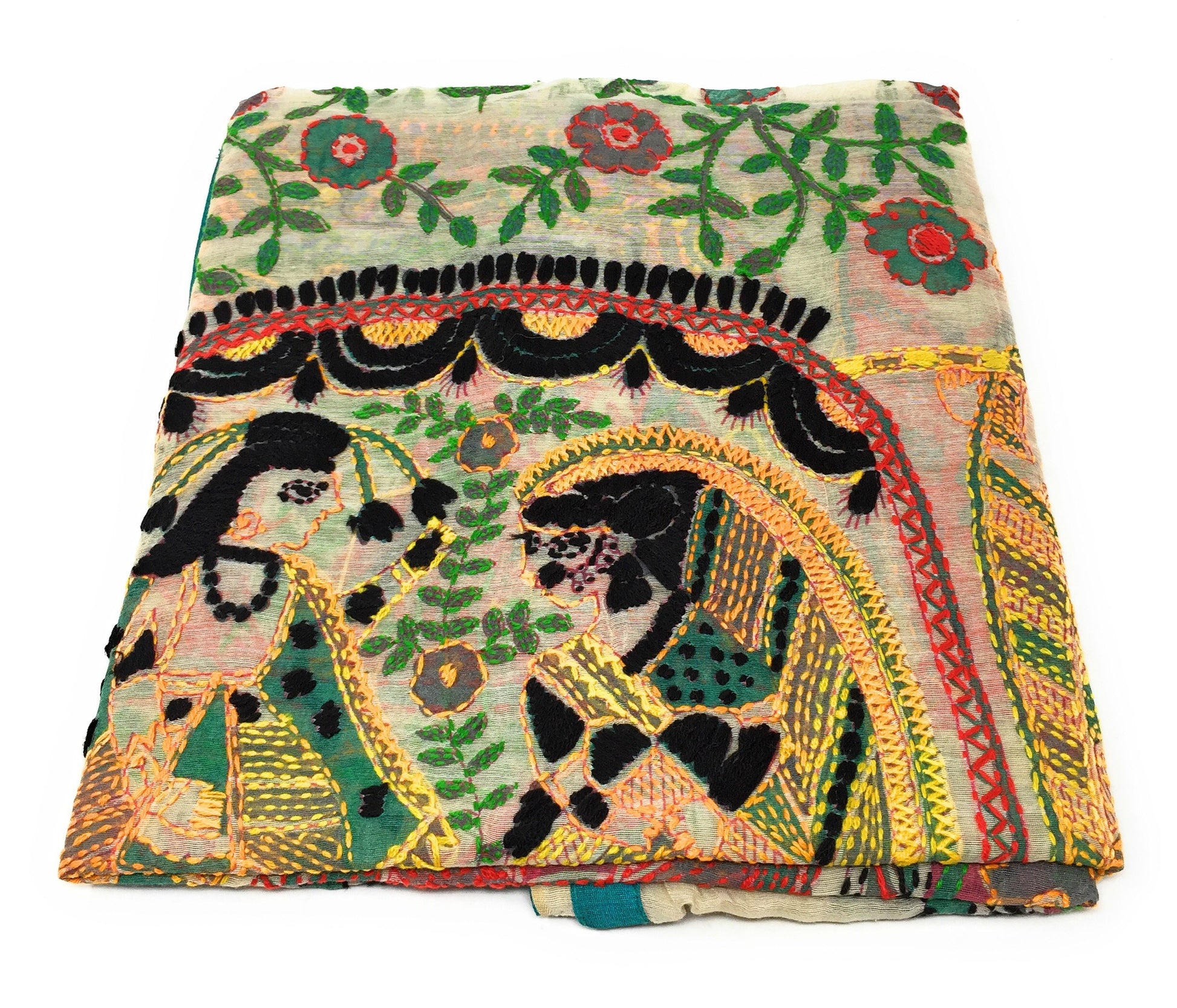 dupatta, Handwork, Embroidered, Printed Madhubani Work, Kantha Embroidery, Doli Palki motif