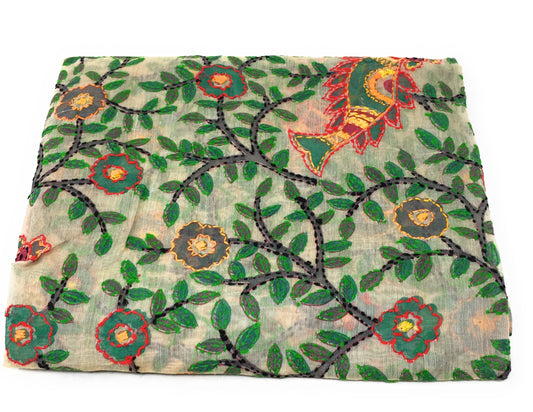 dupatta, Handwork, Embroidered, Printed Madhubani Work, Kantha Embroidery, Girl Pitcher motif