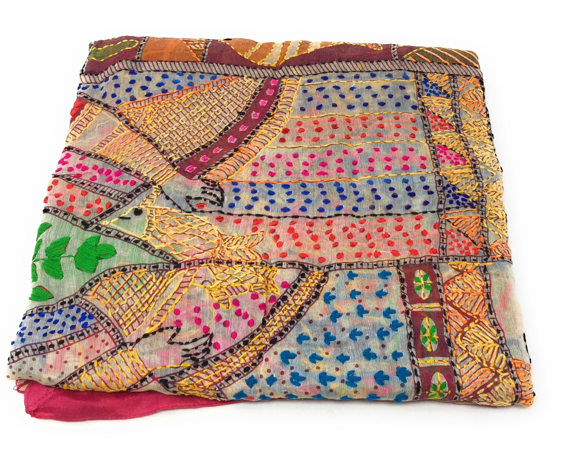 dupatta, Handwork, Embroidered, Printed Madhubani Work, Kantha Embroidery, Girl Pitcher motif
