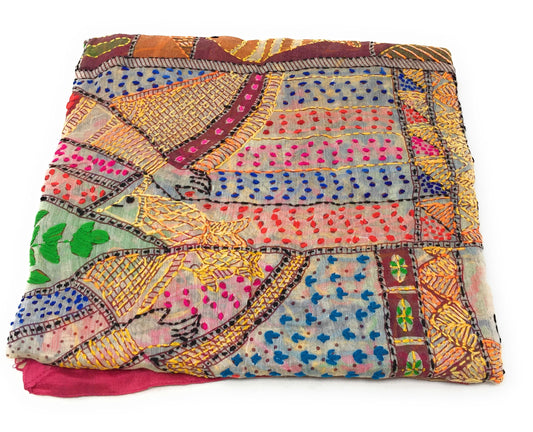 dupatta, Handwork, Embroidered, Printed Madhubani Work, Kantha Embroidery, Girl Pitcher motif