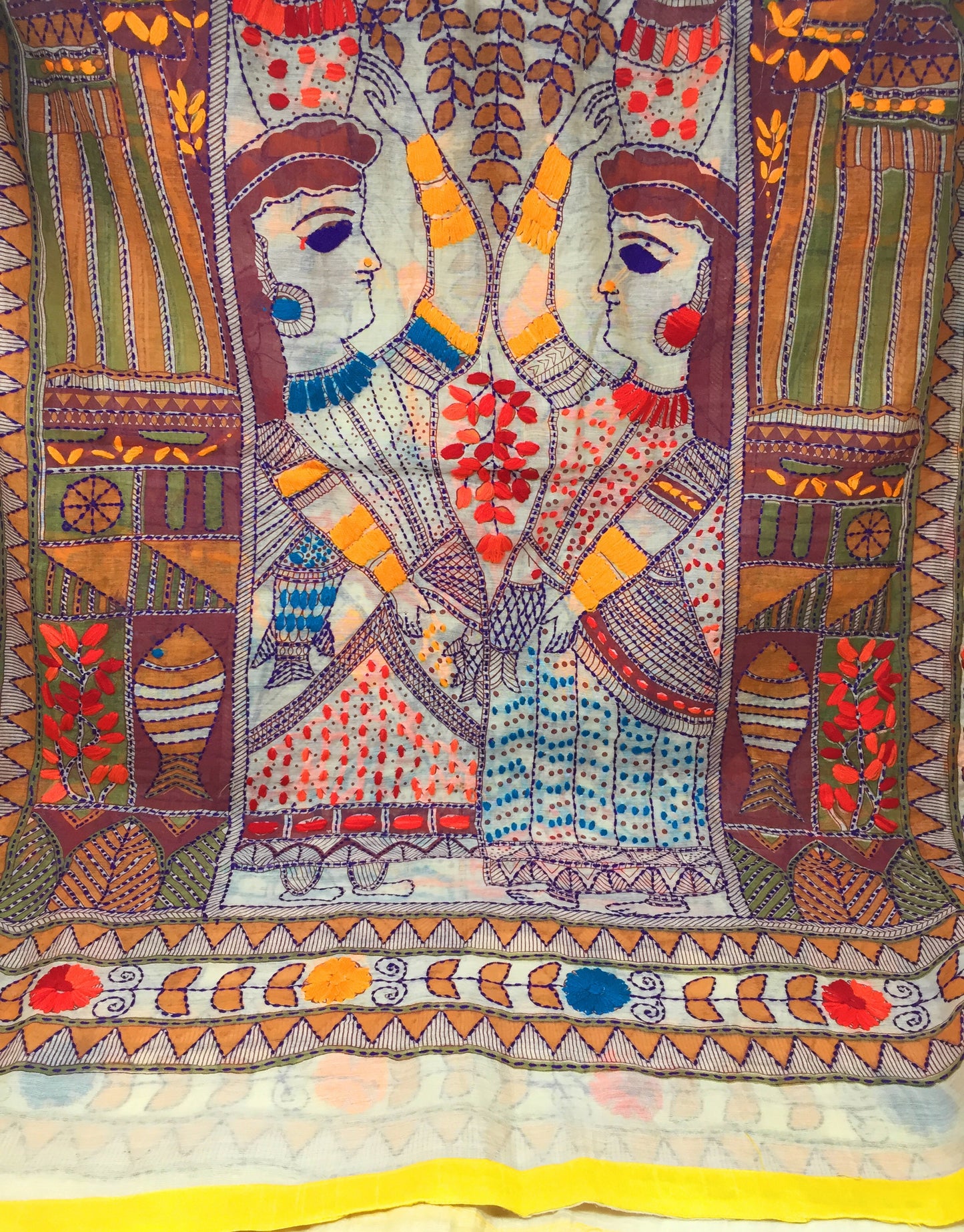 Embroidery Dupatta - Kantha Work on Madhubani Art Form