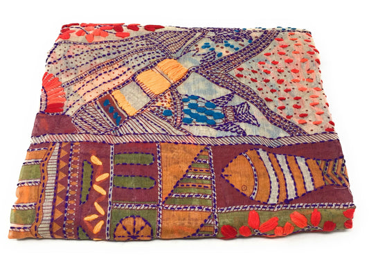 dupatta, Handwork, Embroidered, Printed Madhubani Work, Kantha Embroidery, Girl Pitcher motif