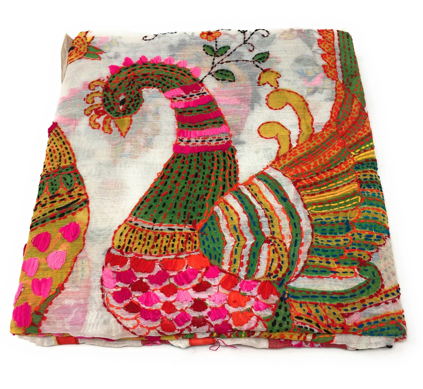 dupatta, Handwork, Embroidered, Printed Madhubani Work, Kantha Embroidery, peacock motif