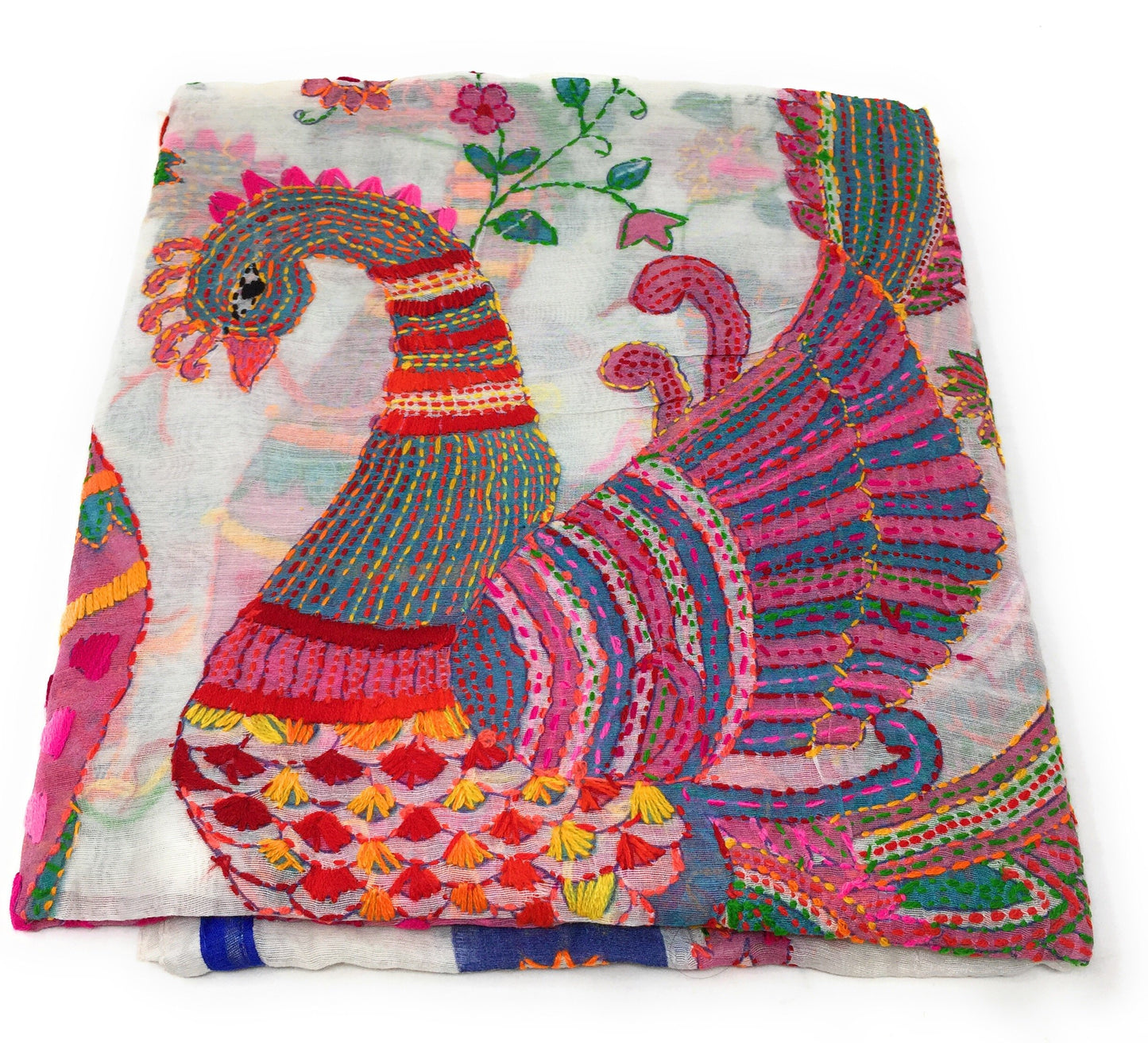 dupatta, Handwork, Embroidered, Printed Madhubani Work, Kantha Embroidery, peacock motif