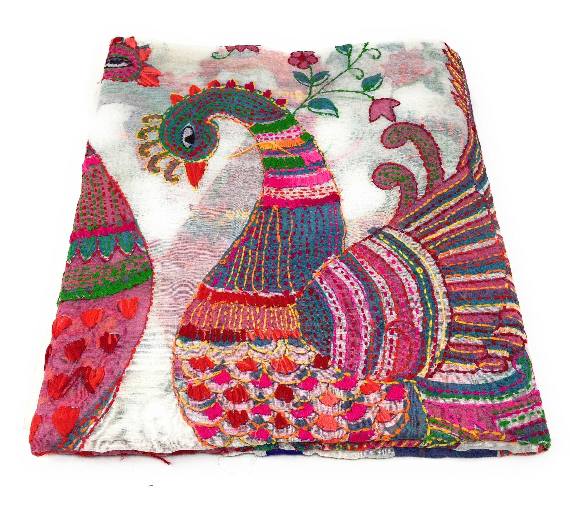 dupatta, Handwork, Embroidered, Printed Madhubani Work, Kantha Embroidery, peacock motif