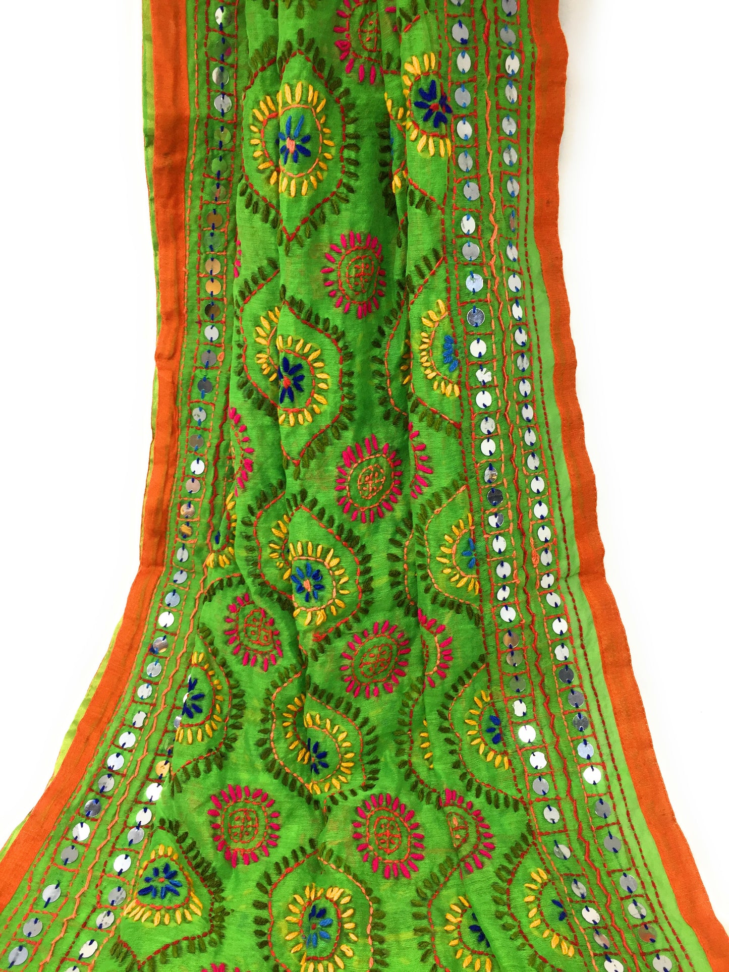 Multicolour Kutchi Embroidered Dupatta in Parrot Green
