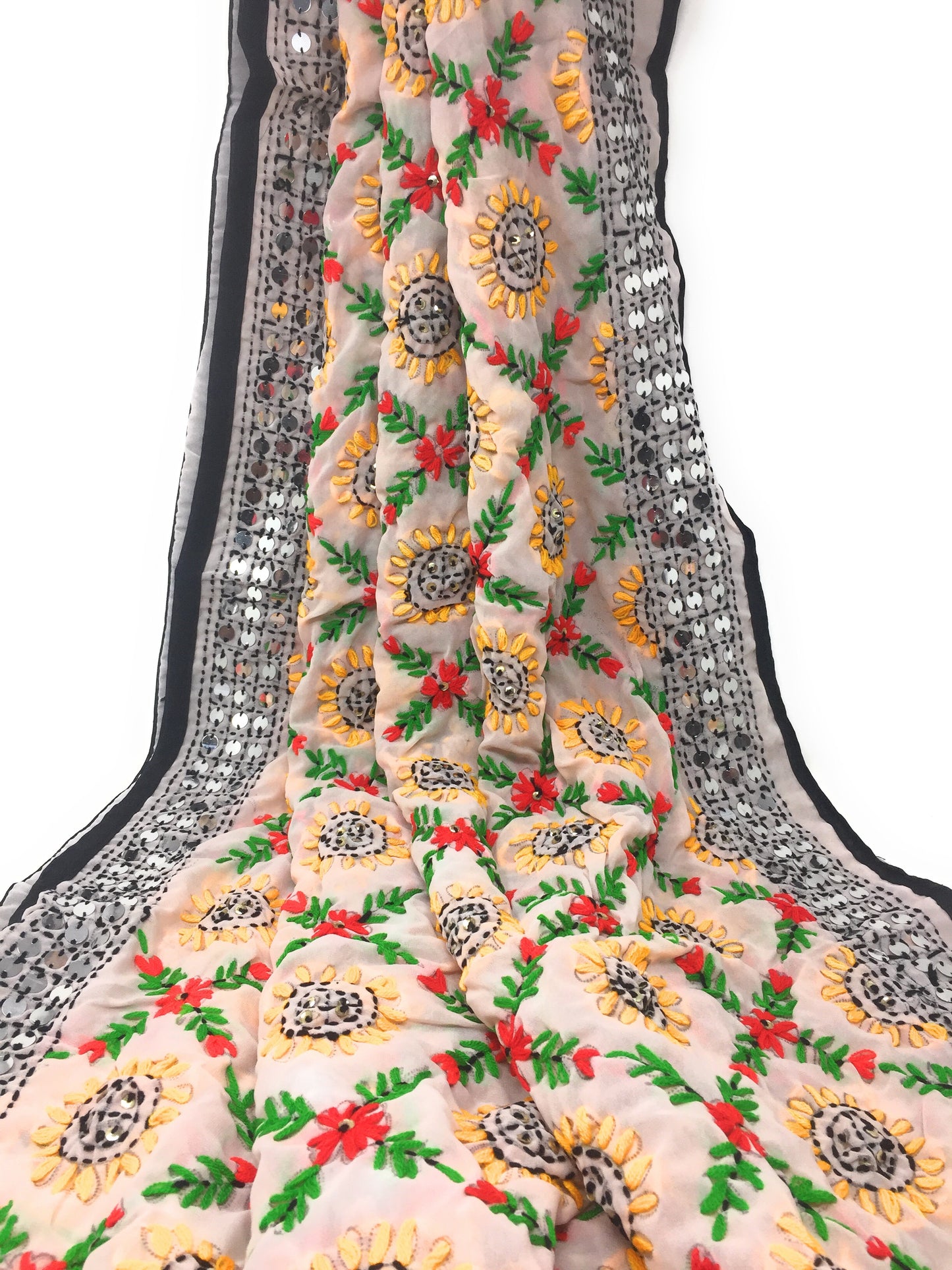 White Phulkari Dupatta, Multi Colour Embroidery, Mirror Work
