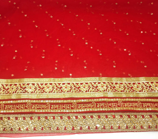 Heavy Bridal Sada Saubhagyavati Bhav Wedding, Dupatta In Red Gold With Gotta Patti Lace