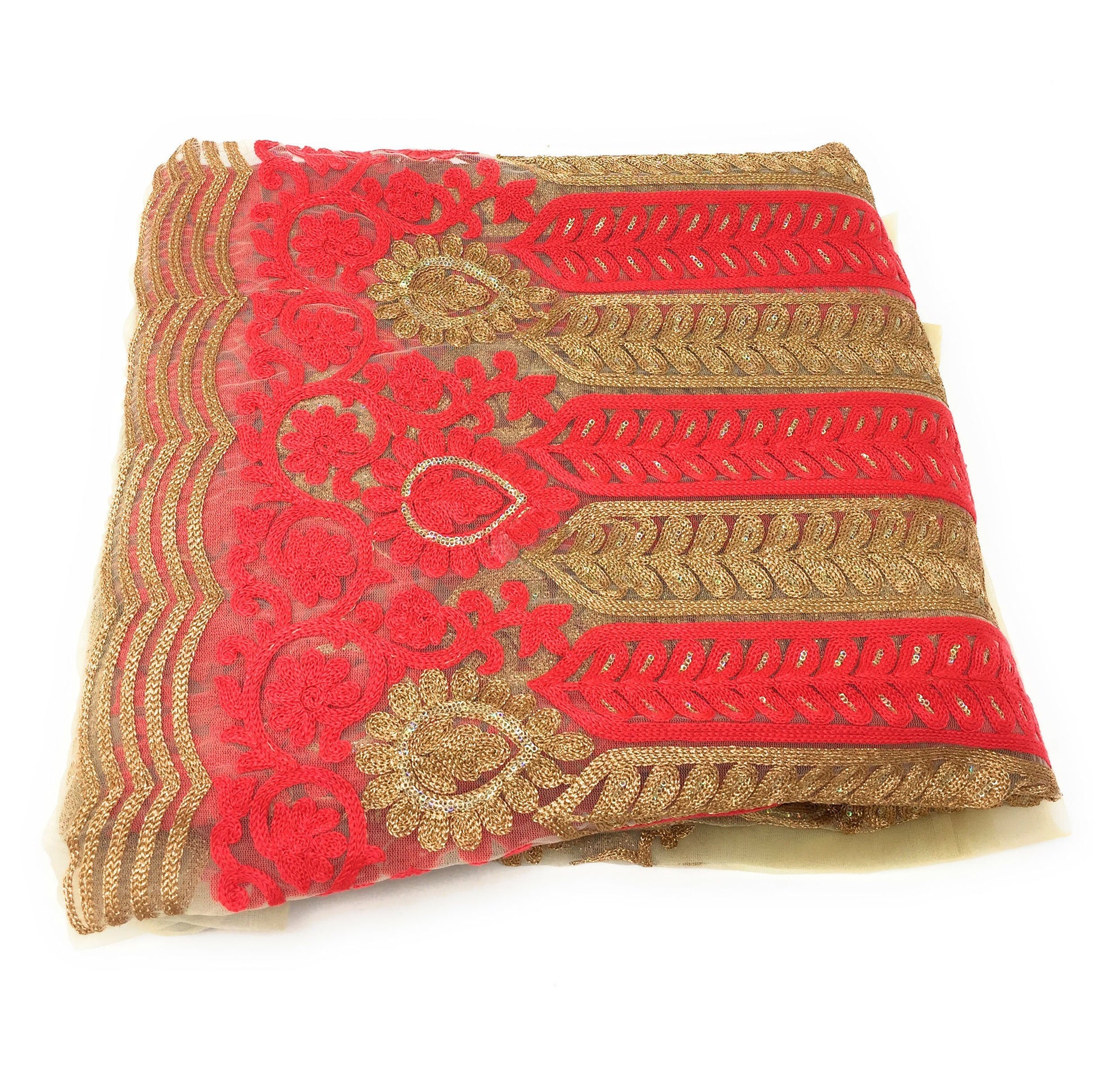 Net Tan Embroidered Fabric Material - By Meter