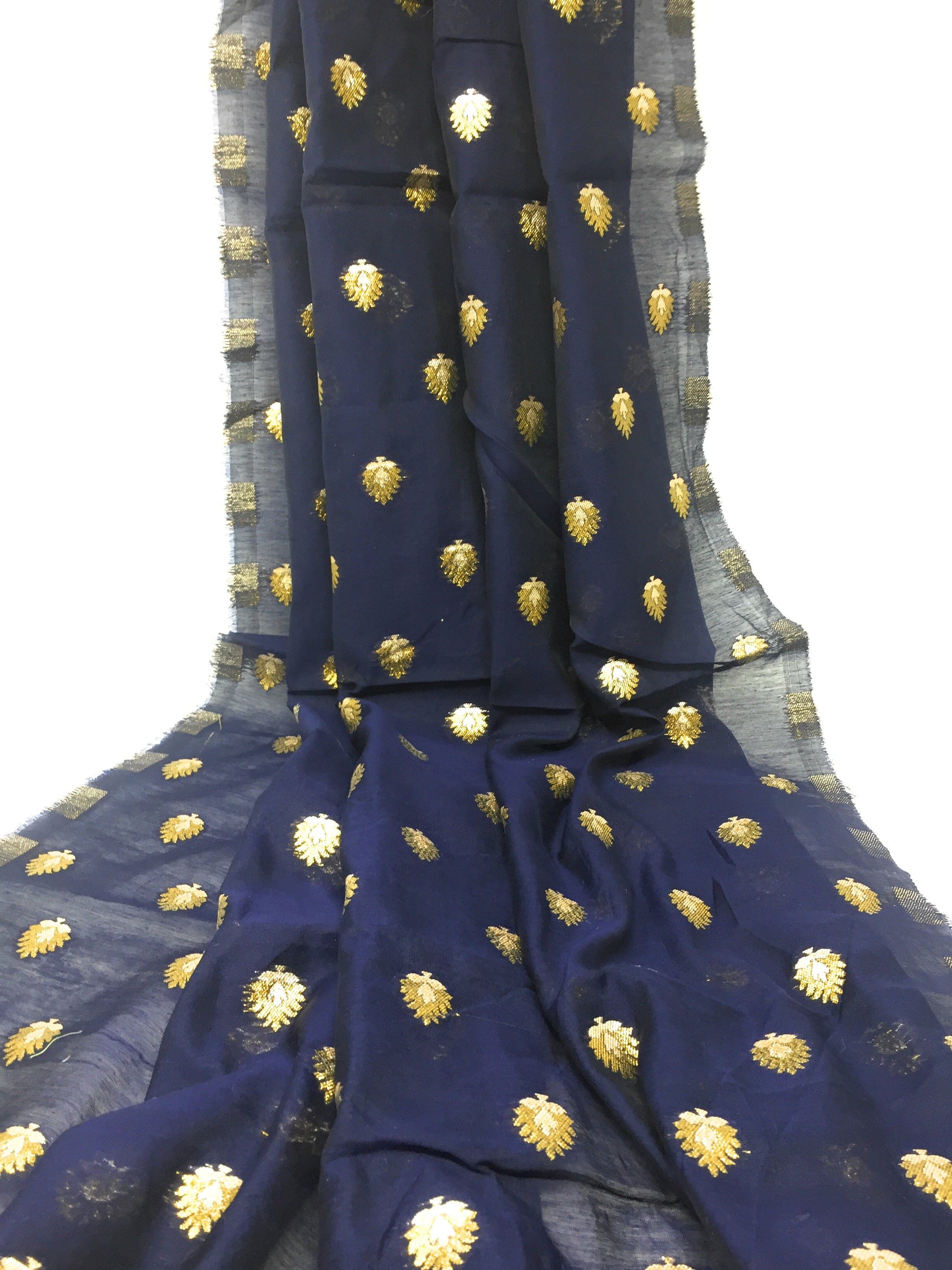 Cotton Mix Blue Brocade  Fabric Material - By the yard