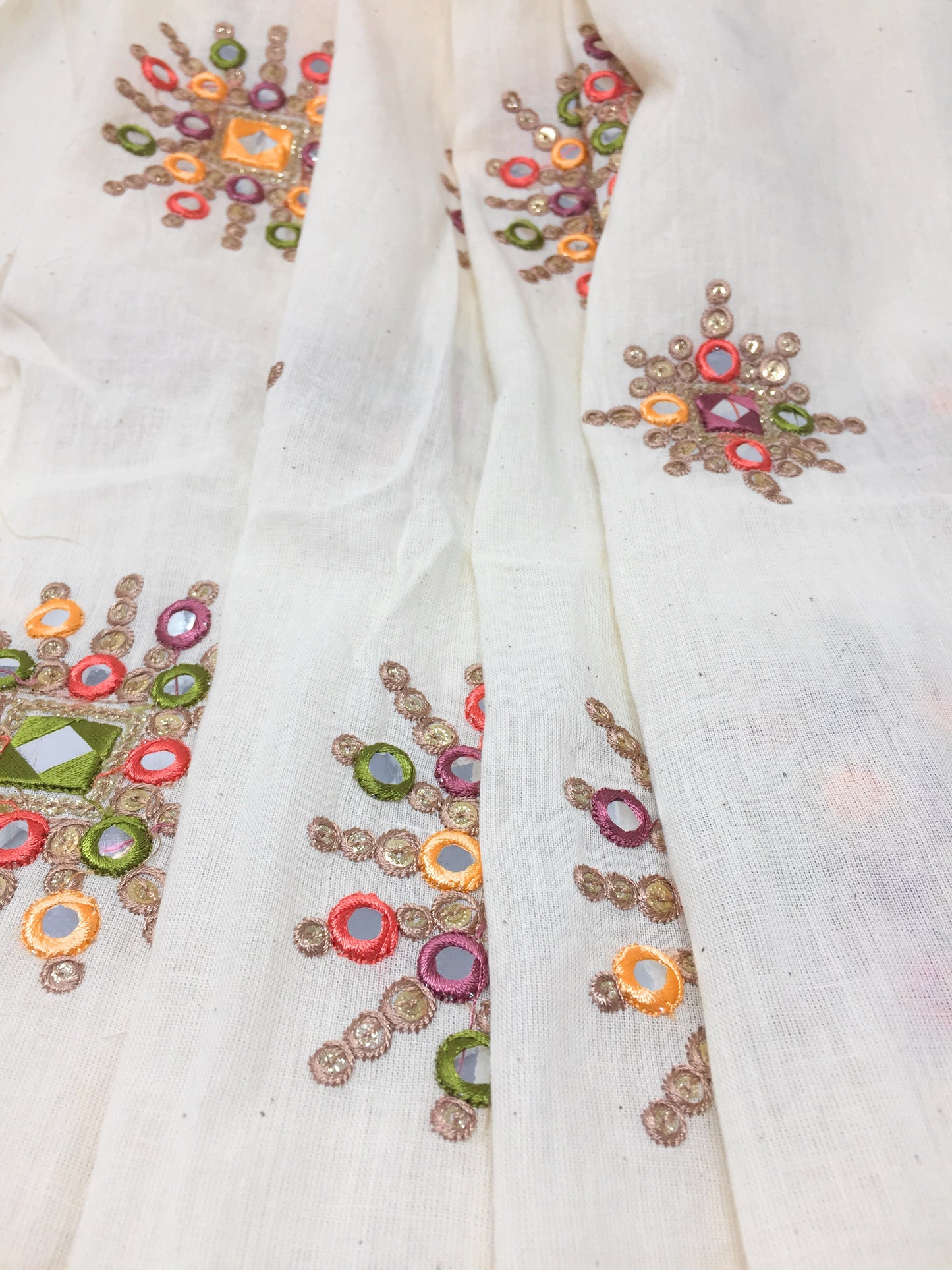 Off White Mirror Work Cotton Fabric (Silver Foil Mirror)