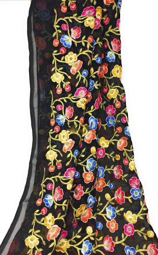 Embroidery On Georgette Fabric, Small Floral Embroidery In Multicolour Threads On Black 