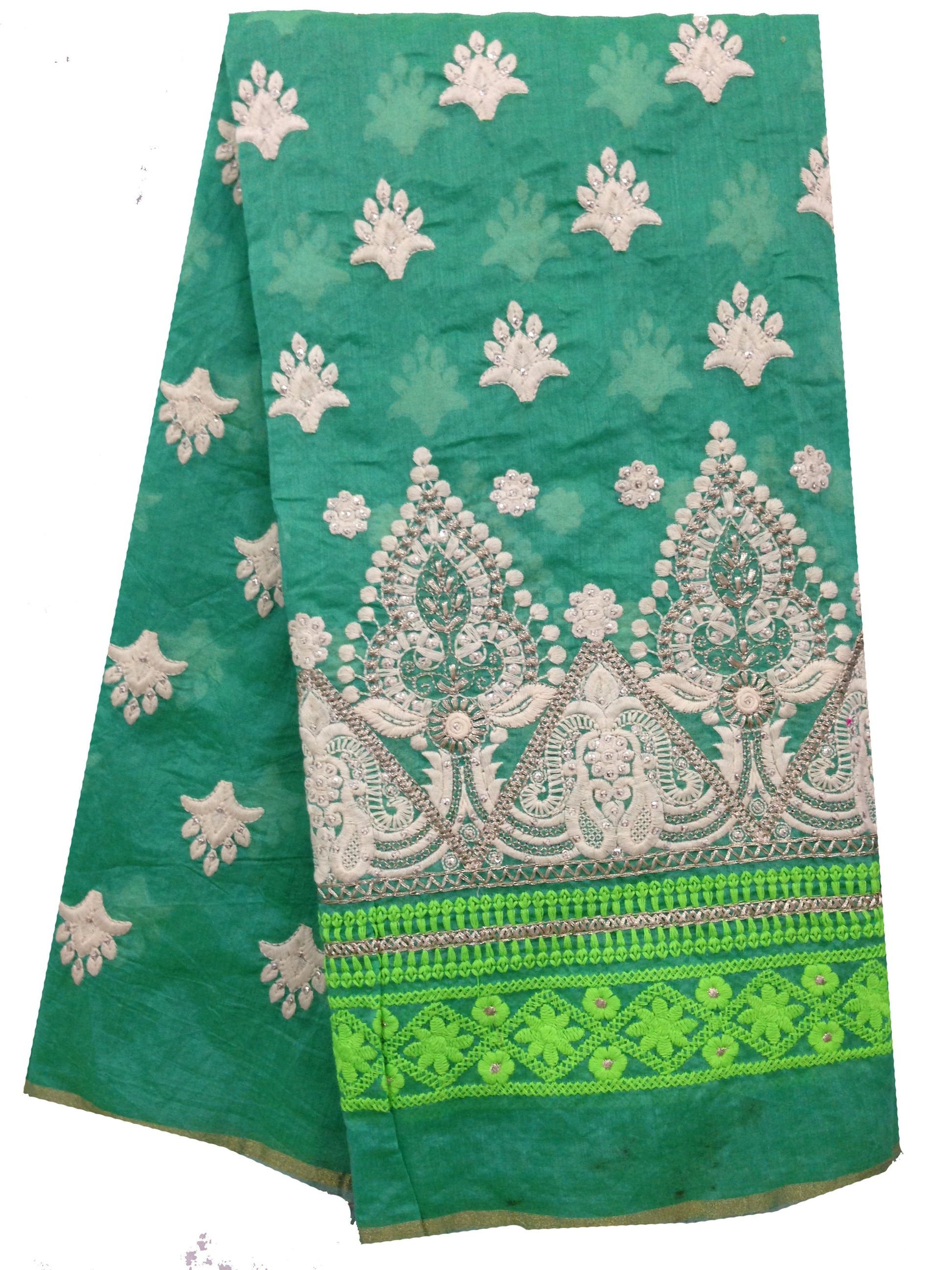 Chanderi Cotton mix Sea Green Embroidered Fabric Material