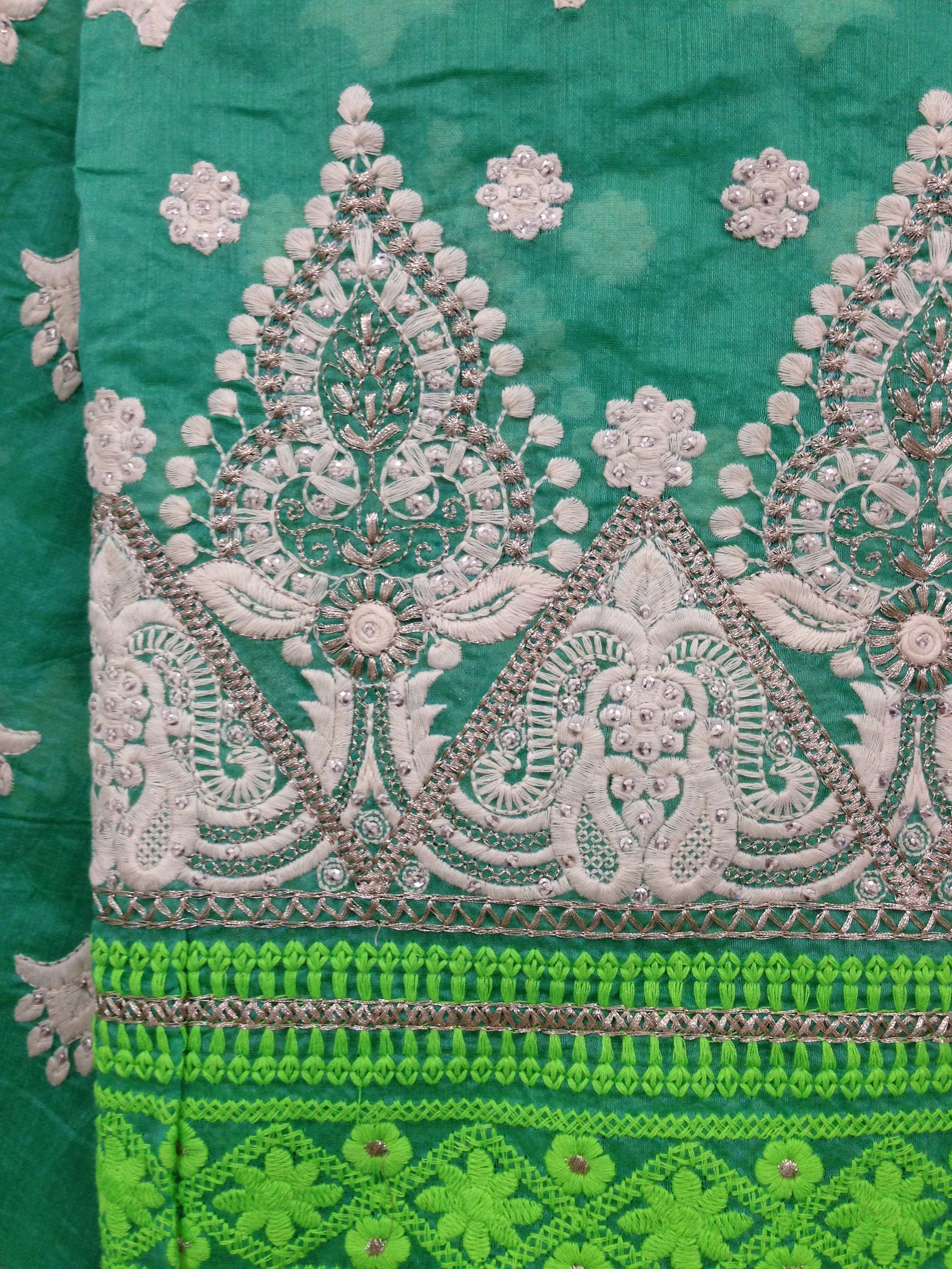 Chanderi Sea Green machine  Embroidered Fabric Material