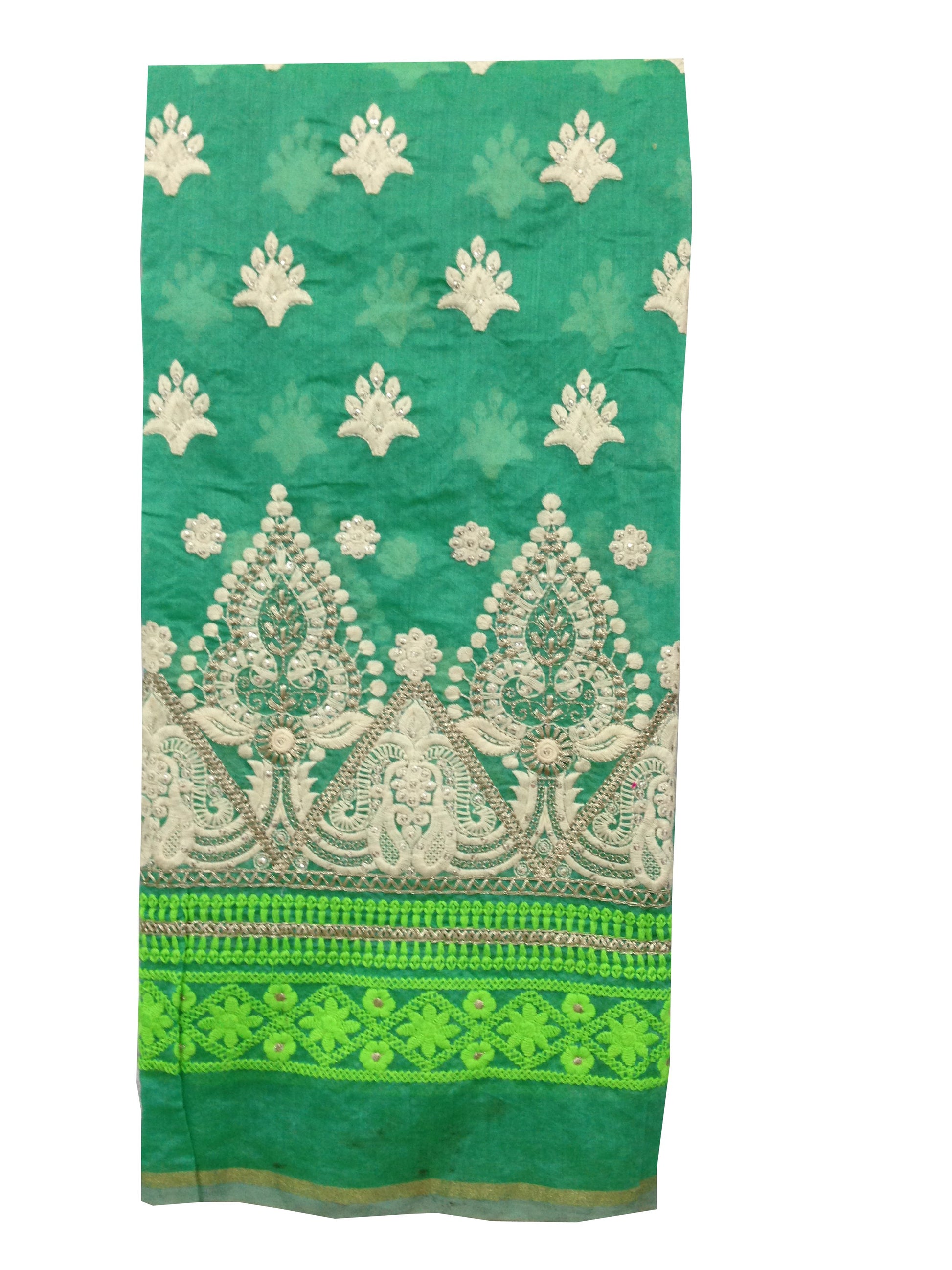 Chanderi Sea Green white Embroidered Fabric Material 