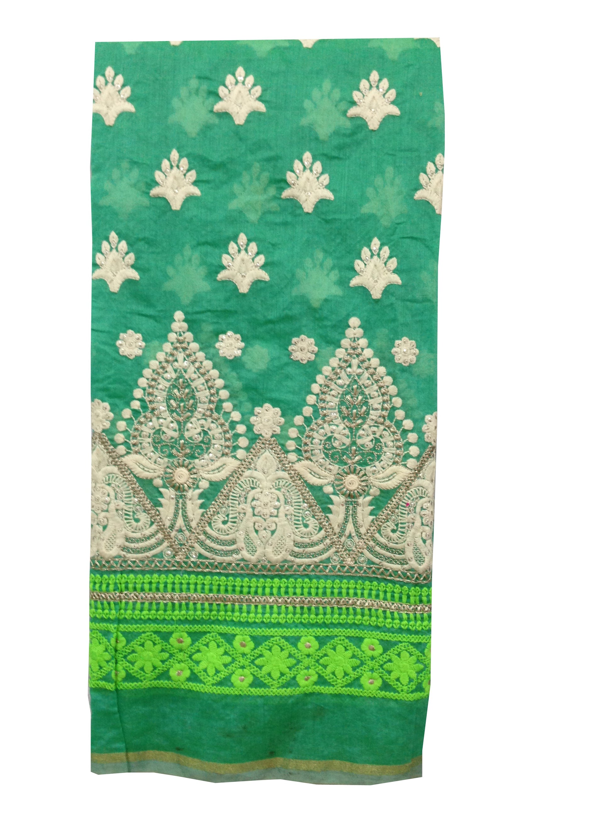 Chanderi Sea Green white Embroidered Fabric Material 