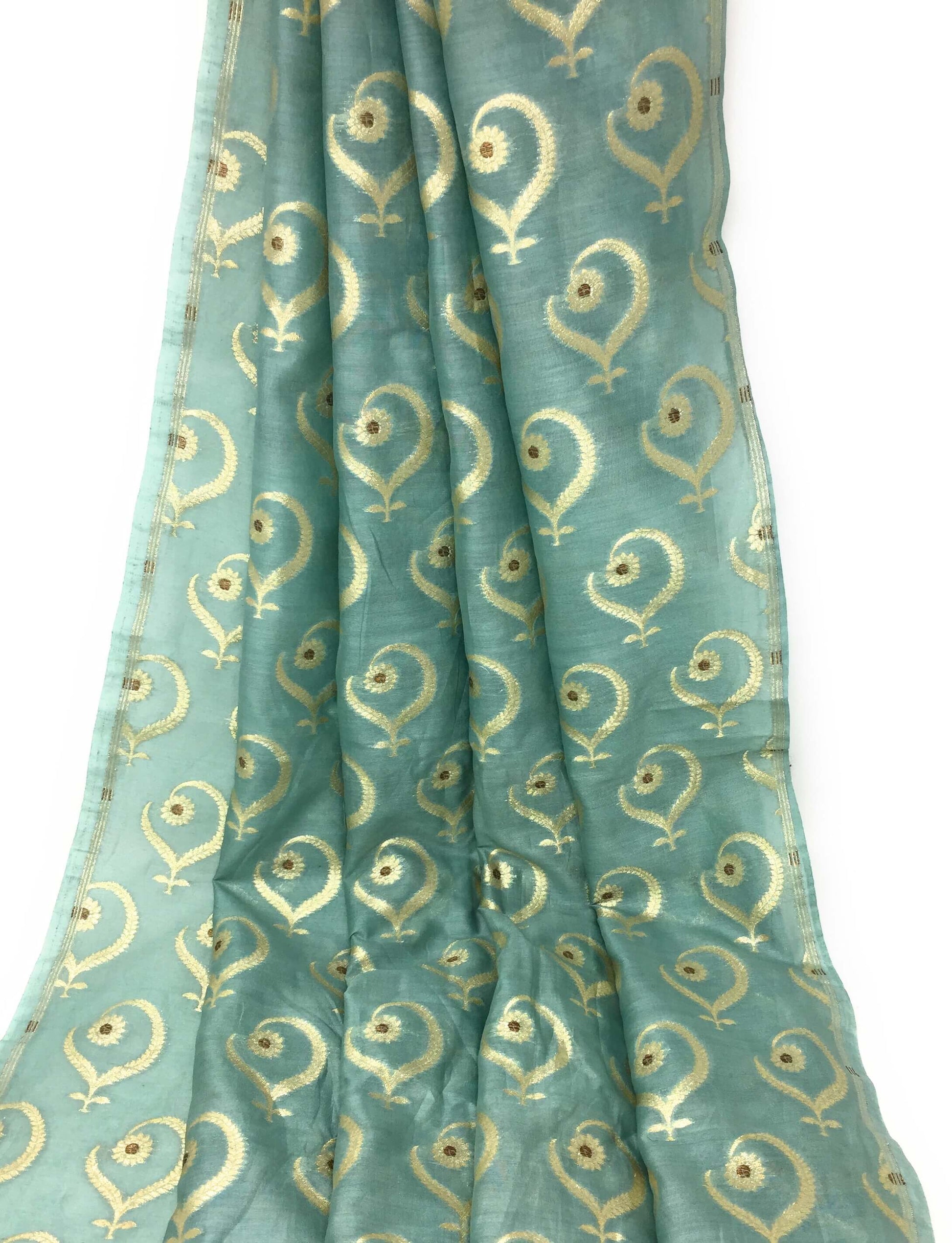 Sea Blue Chanderi Material With Gold Banarasi Work