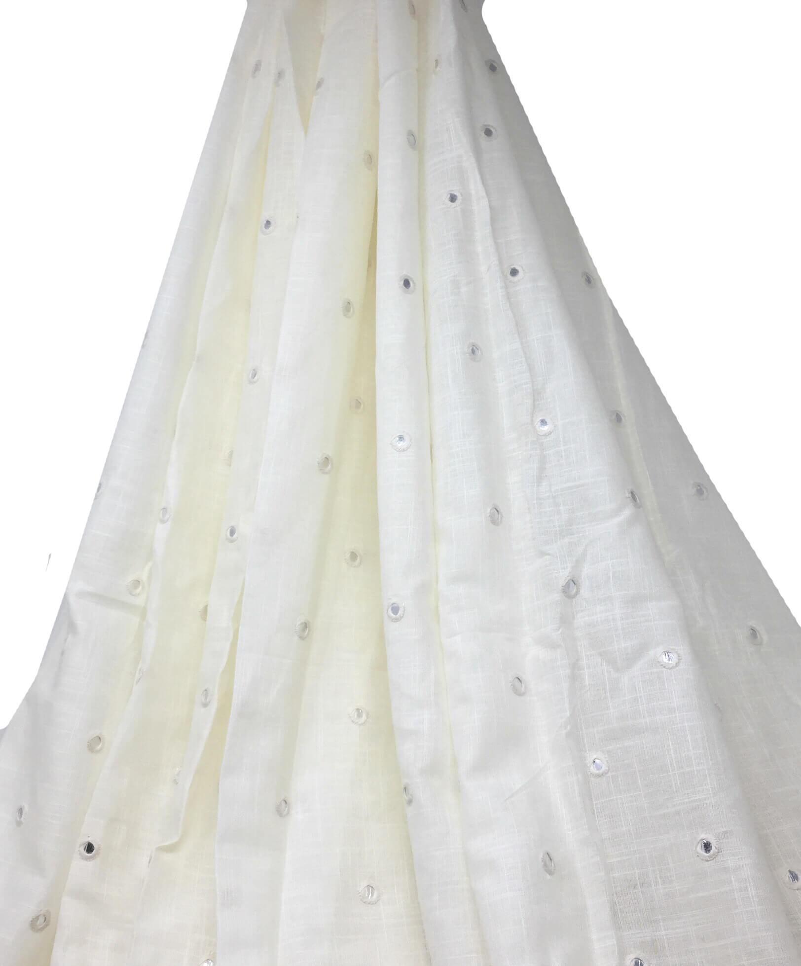 Off White Mirror Work Cotton Fabric  