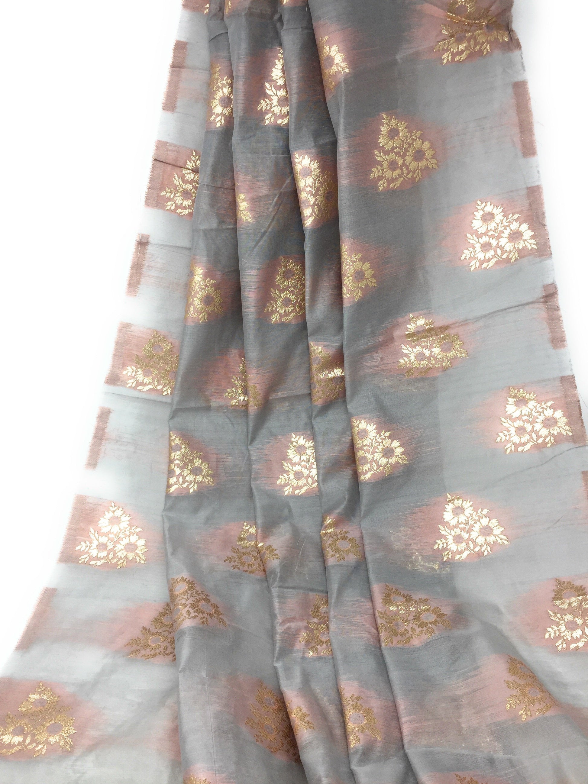 Brocade Cotton Mix Fabric In Grey Peach N Gold  