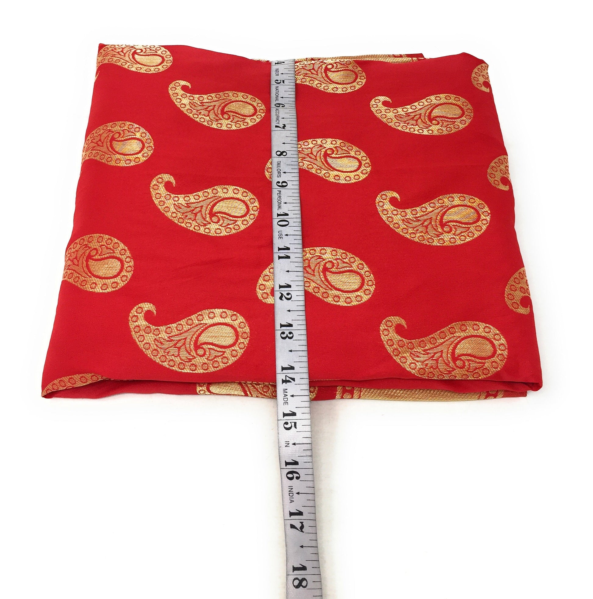 Red Brocade Fabric With Gold Paisley Motifs N Gold Border Cloth Material Online - 1.5 Meter