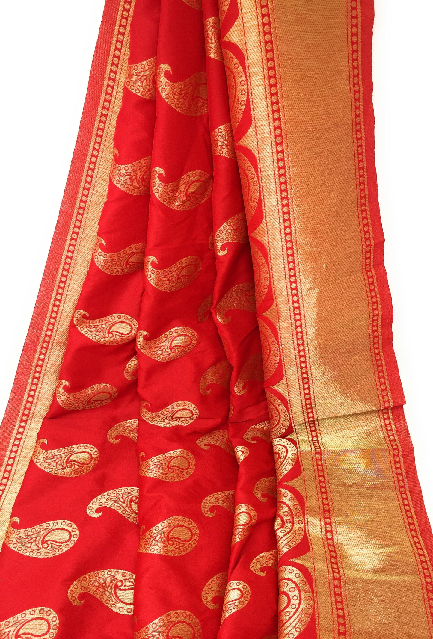 Red Brocade Fabric With Gold Paisley Motifs N Gold Border  