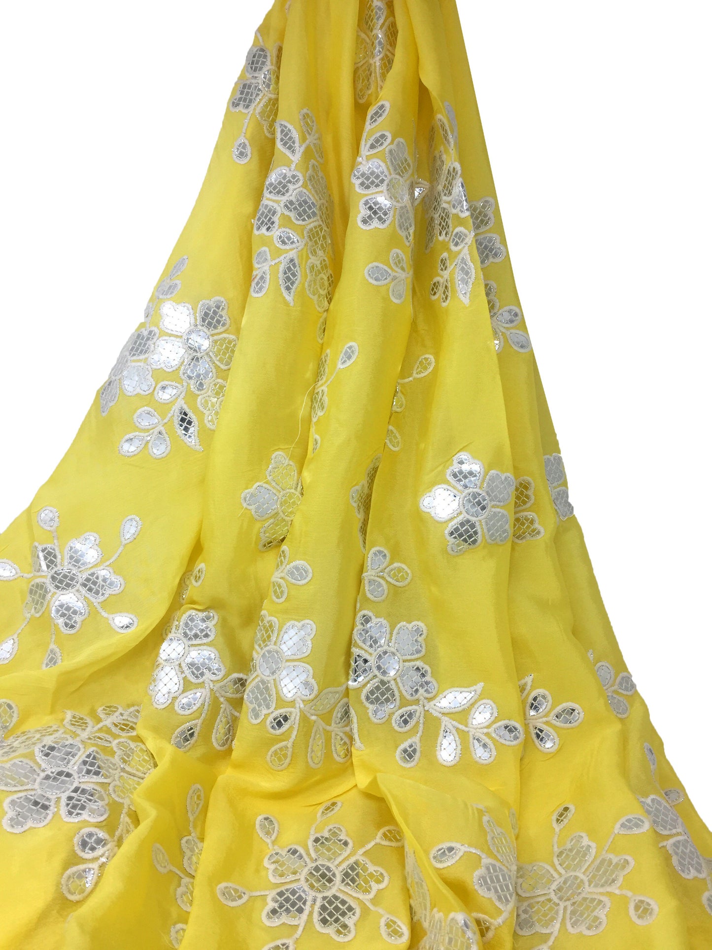 Silver Gota Patti Floral Work On Yellow Chiffon Fabric  