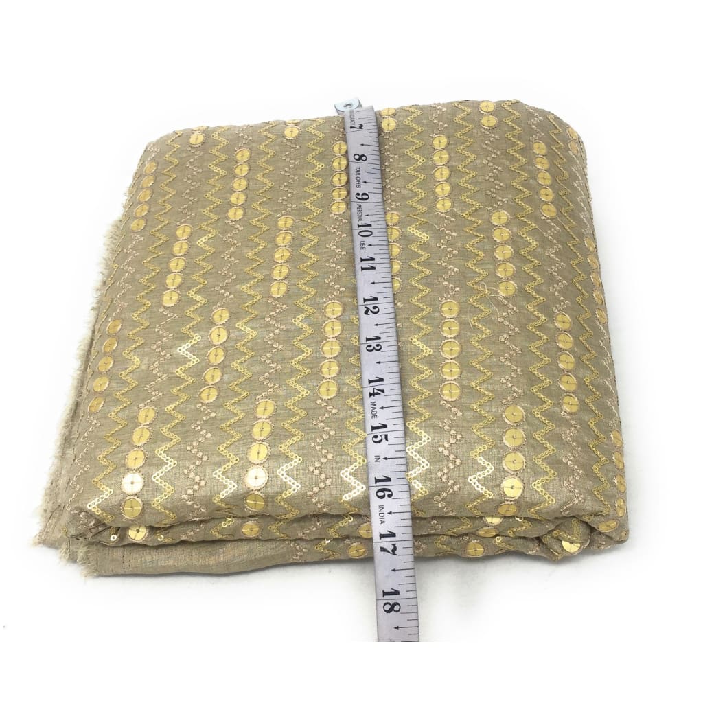 Large Gold Sequins Embroidered On Beige Silk Fabric - fabric Flat Slik Soft Bamboo Slik Fabric with Embroidery n Sequins design in center