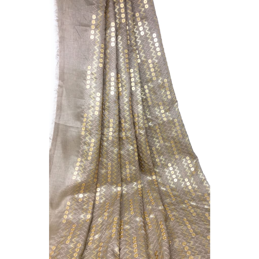 Large Gold Sequins Embroidered On Beige Silk Fabric - fabric Flat Slik Soft Bamboo Slik Fabric with Embroidery n Sequins design in center