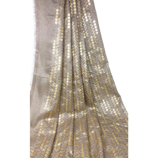 Large Gold Sequins Embroidered On Beige Silk Fabric - fabric Flat Slik Soft Bamboo Slik Fabric with Embroidery n Sequins design in center