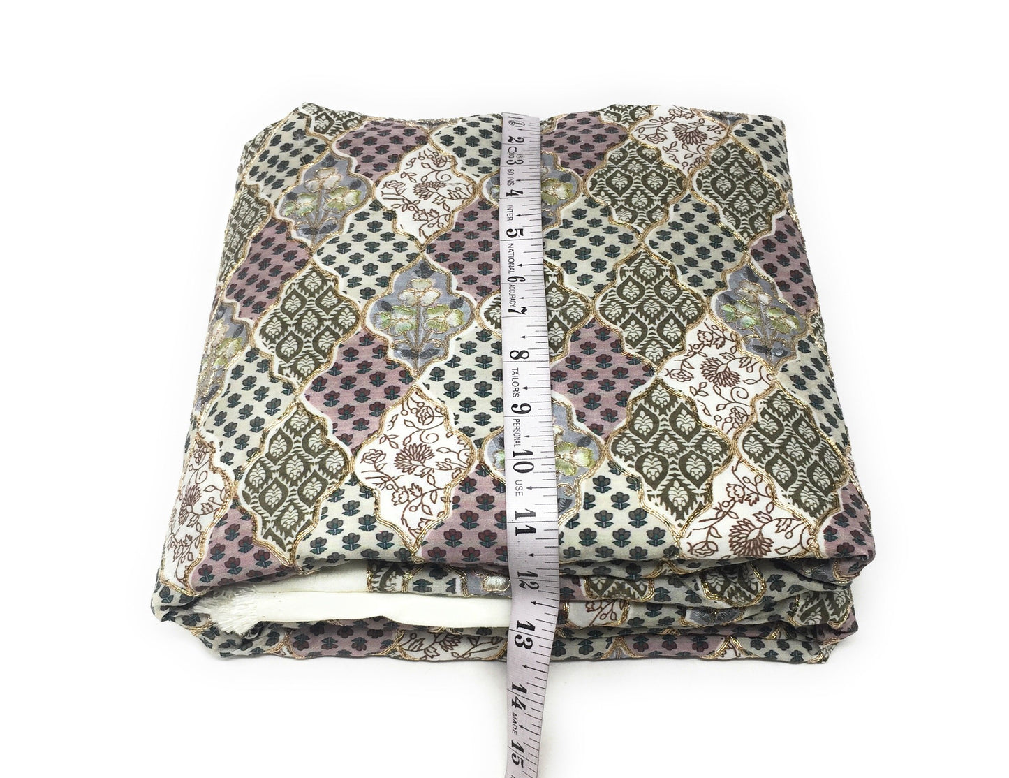 Green Gold Embroidered Printed Silk Fabric