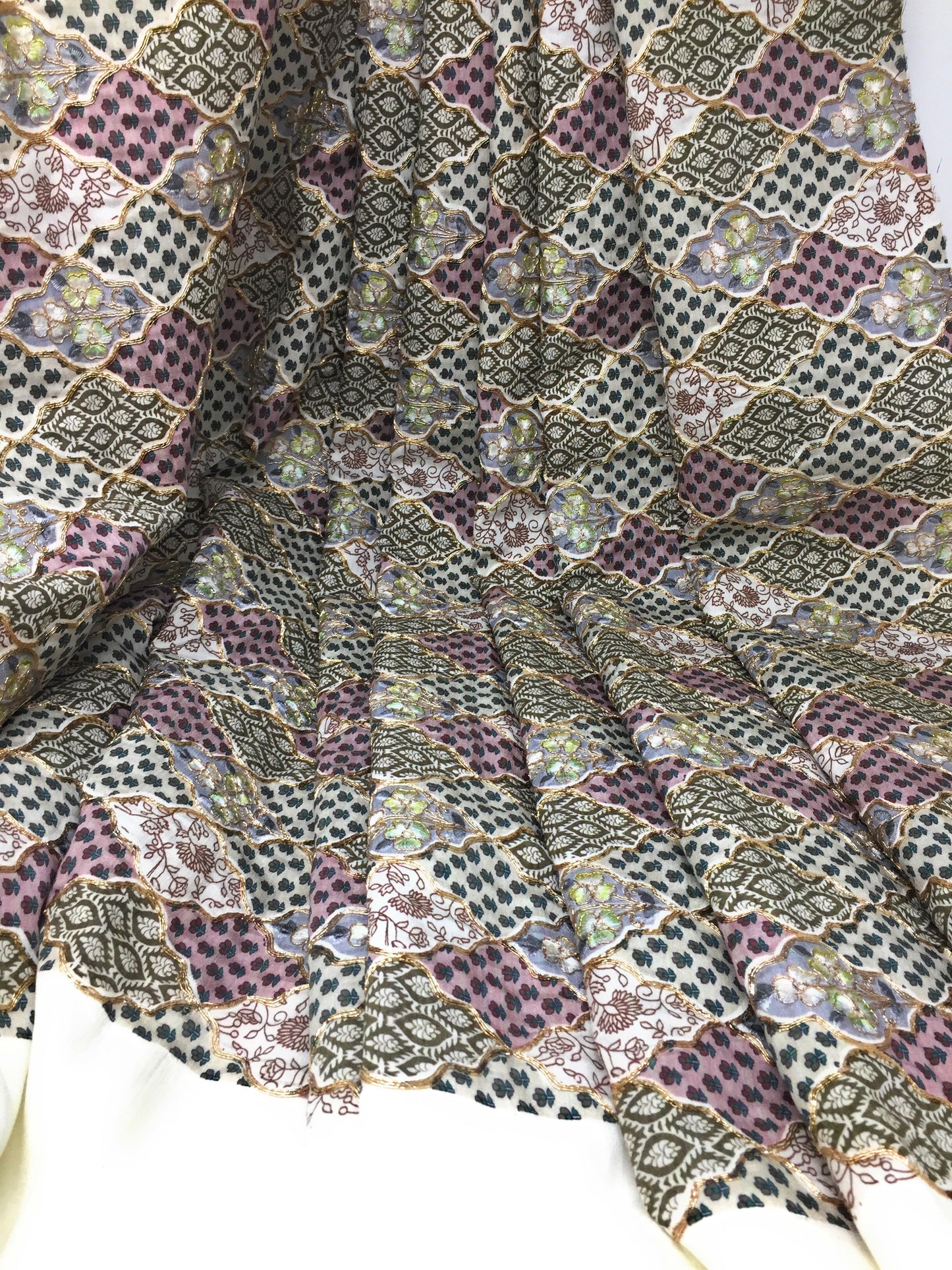 Green Gold Embroidered Printed Silk Fabric