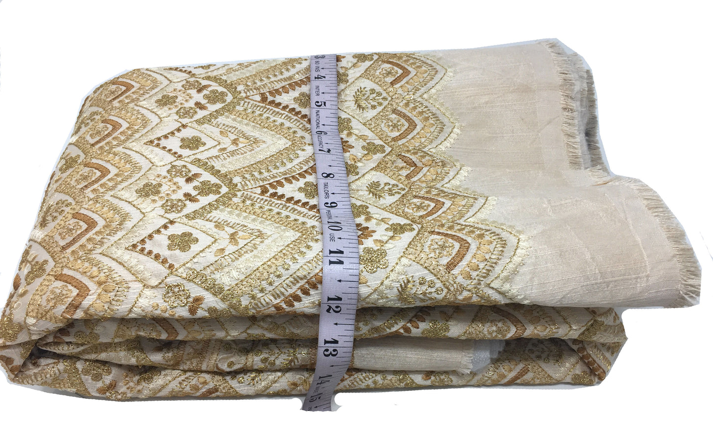 Beige Gold Embroidered Printed Silk Fabric