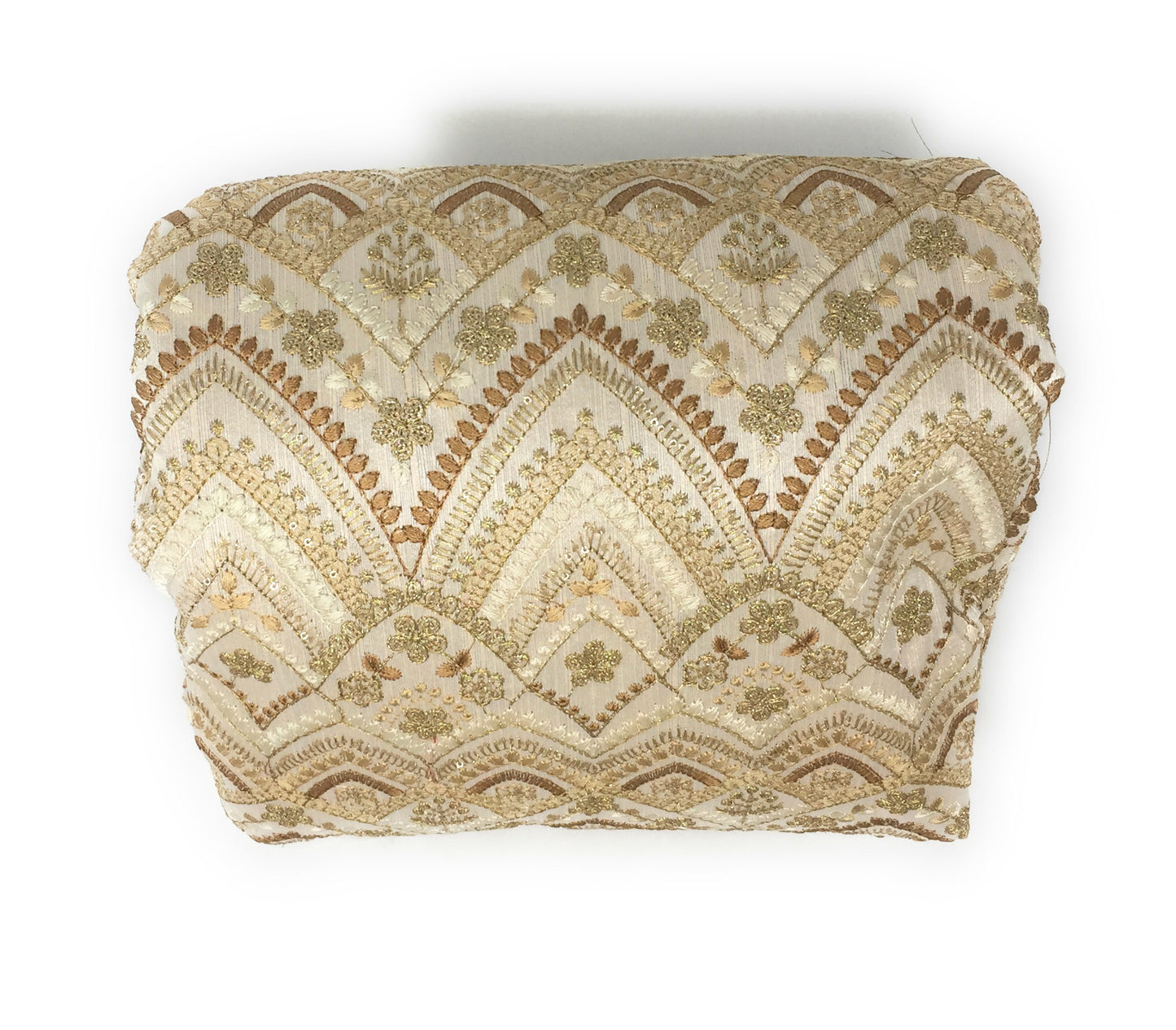 Beige Gold Embroidered Printed Silk Fabric