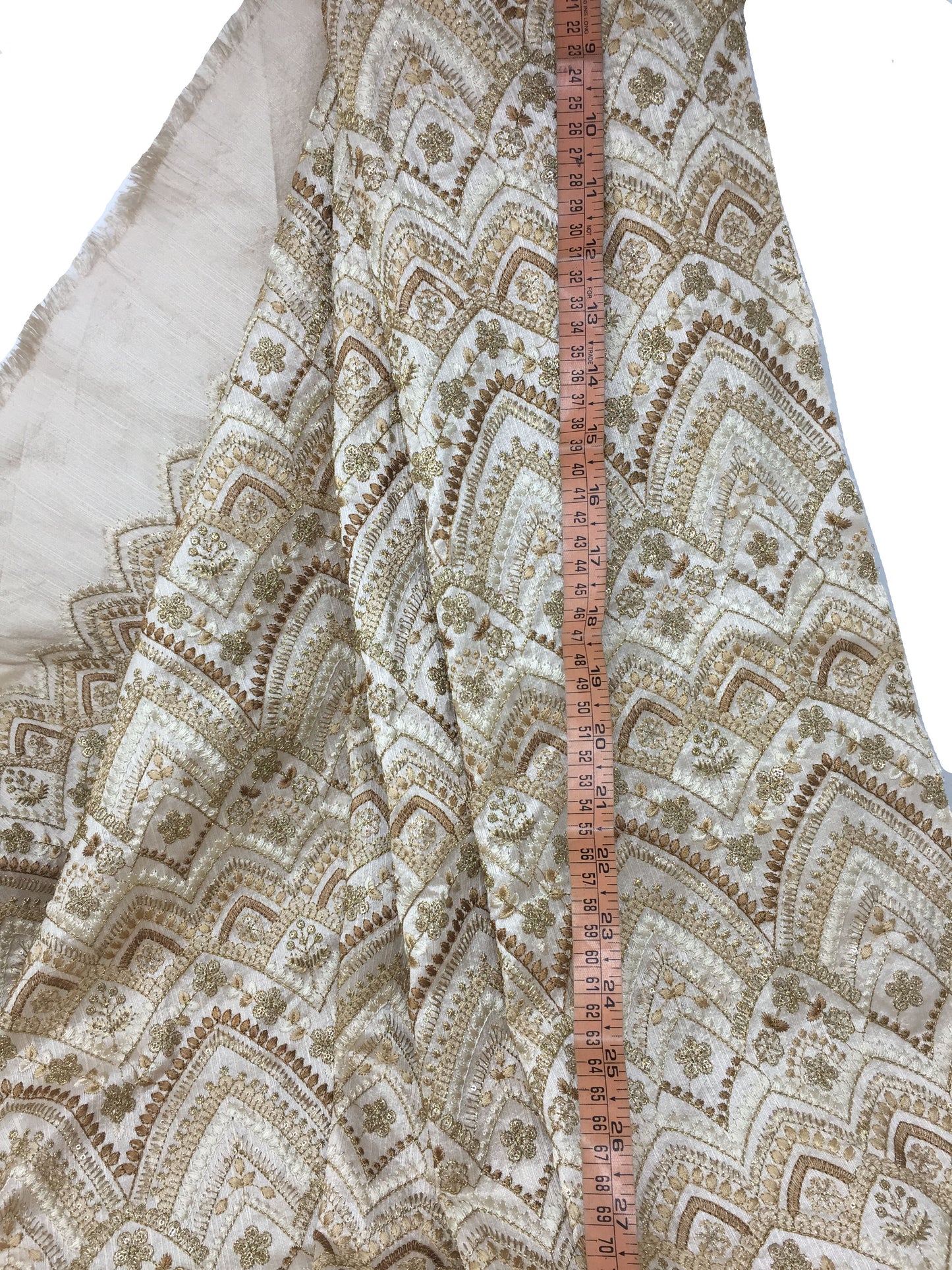 Beige Gold Embroidered Printed Silk Fabric