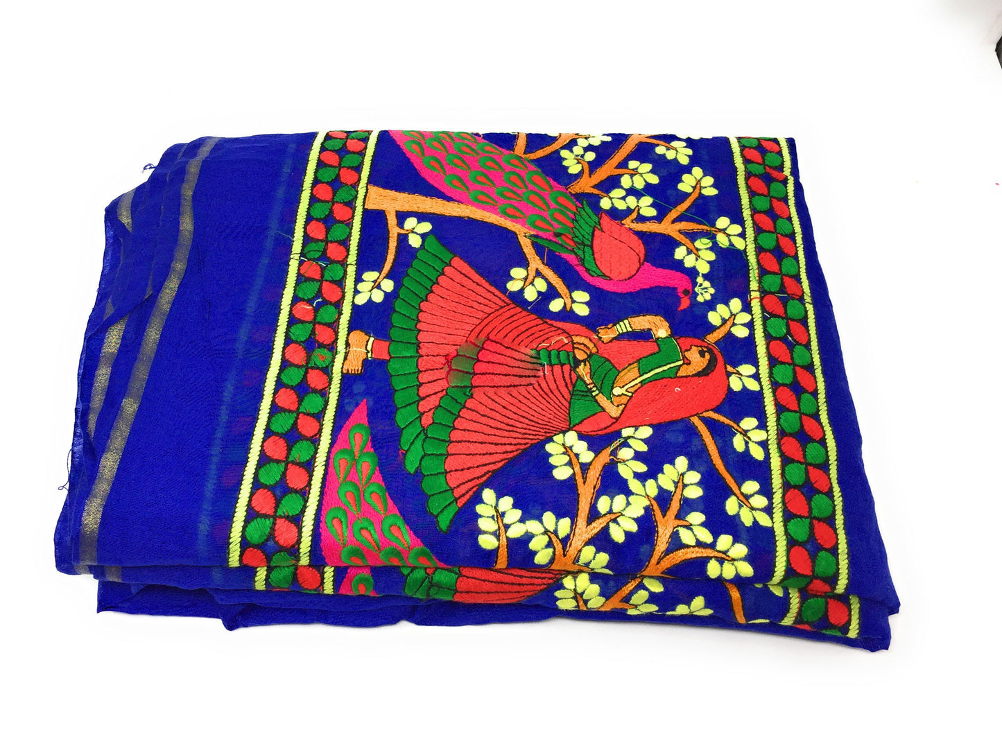 Chanderi Royal Blue Multi colour Embroidered Fabric Material 