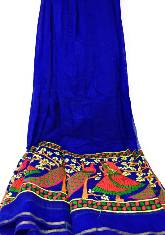 Chanderi Royal Blue Embroidered Fabric Material by the yard