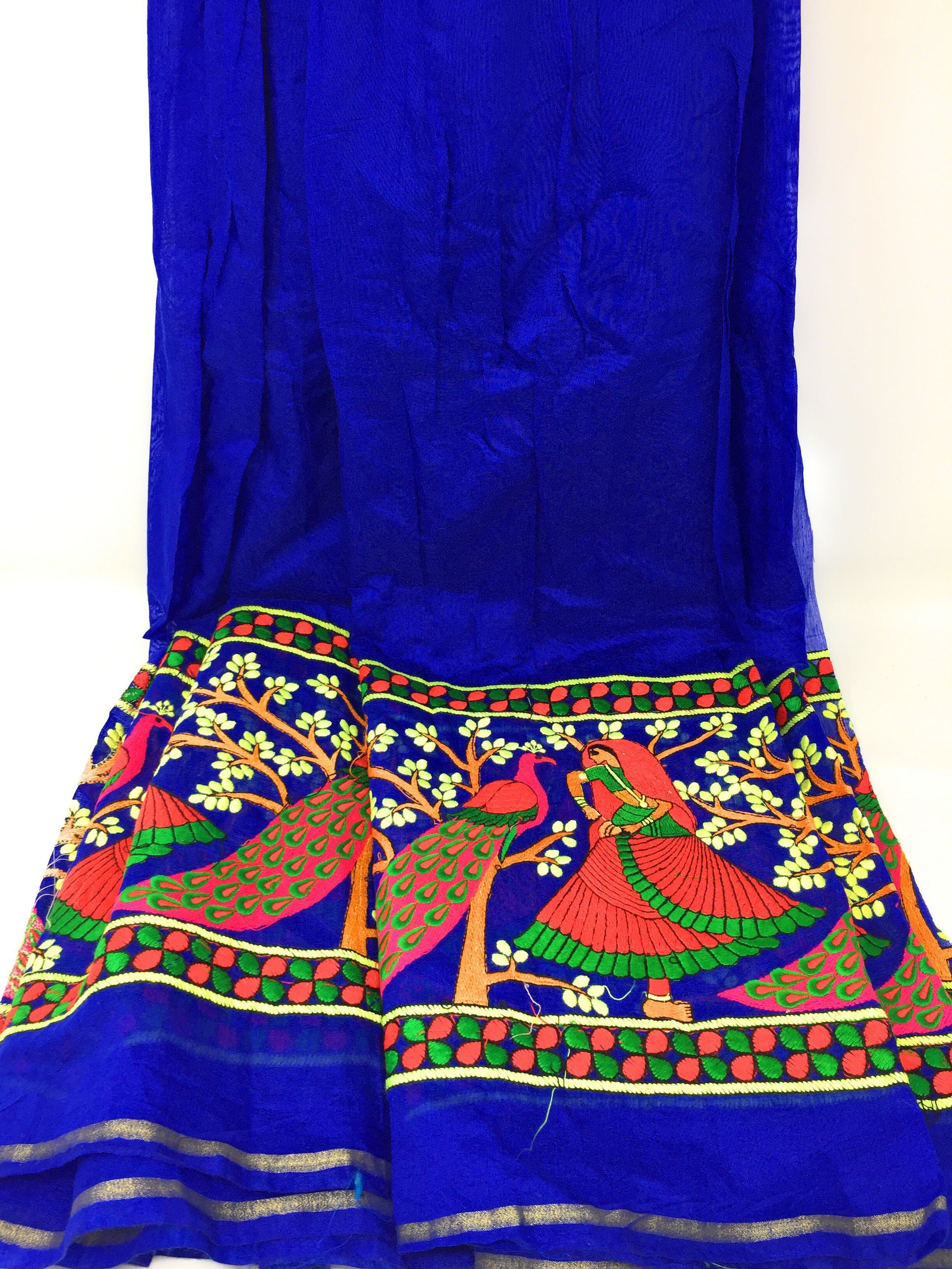 Chanderi  Cotton mix Royal Blue Embroidered Fabric Material 