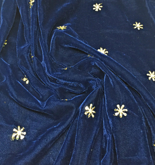 Blue Velvet Fabric, Gold Sequin Embroidery Material by meter